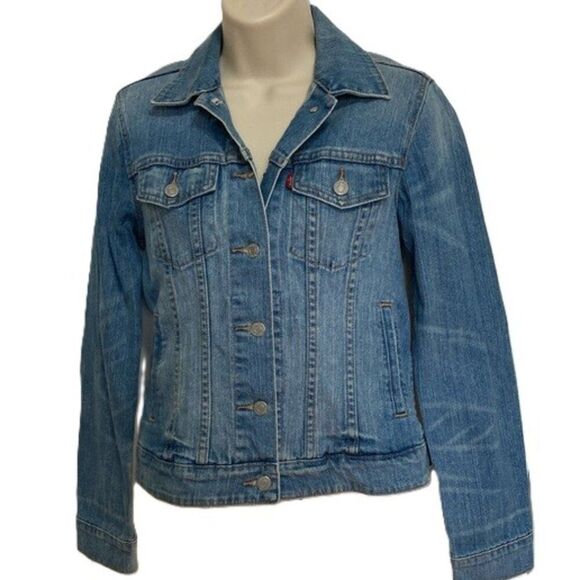 LEVIs Jean Trucker Blue Denim Buttoned Jacket Womens Medium - Picture 1 of 16